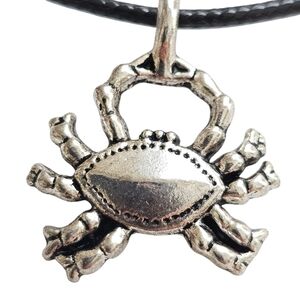 Crab Charm Necklace - Antique Silver Tone Pendant on Black Cord - Beach Gift Sty